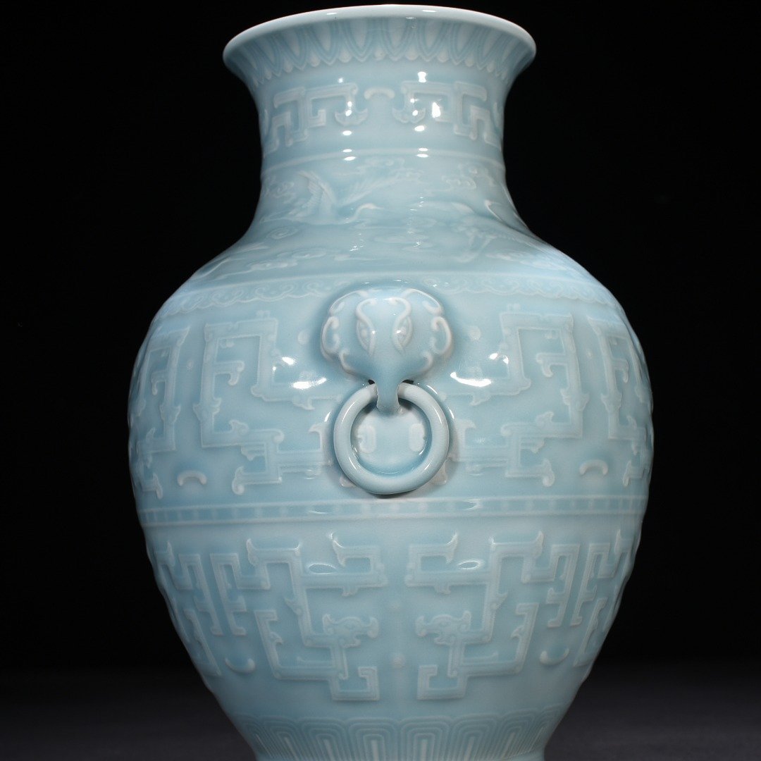 Qing Dynasty Qianlong azure glaze engraved chilong pattern vase with ears