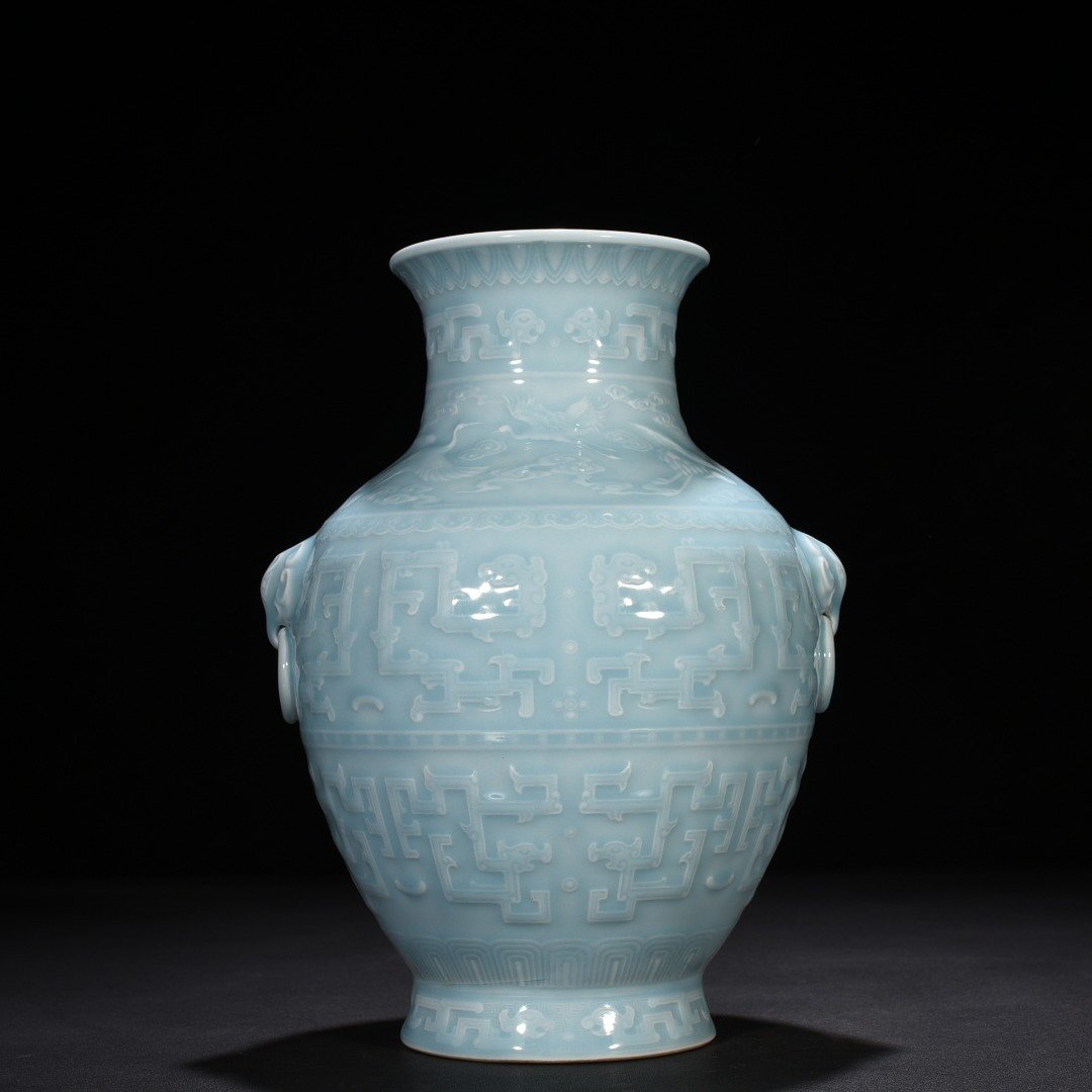 Qing Dynasty Qianlong azure glaze engraved chilong pattern vase with ears