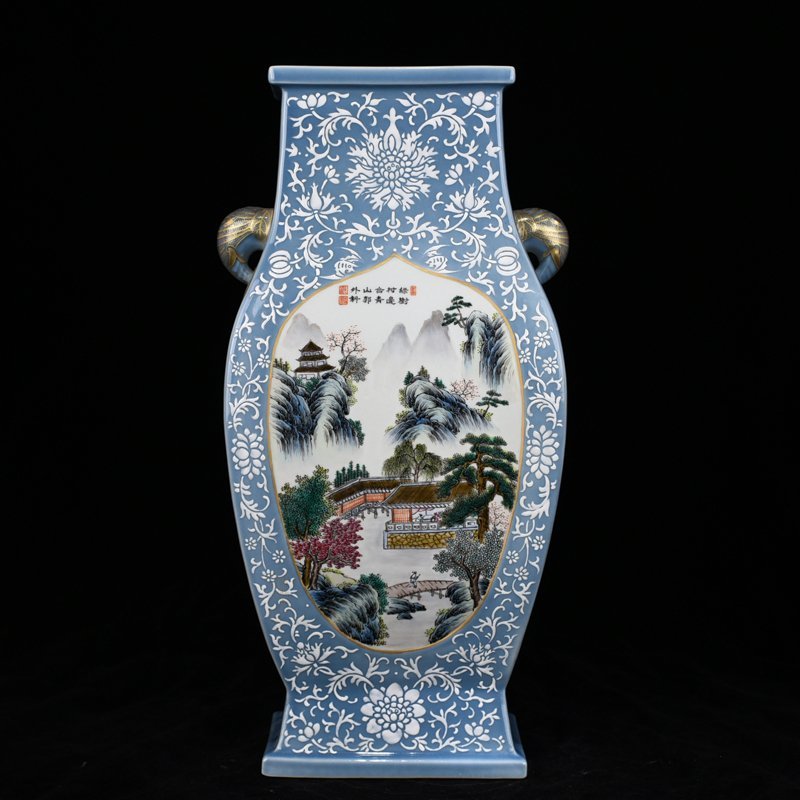 Qing Dynasty Qianlong azure glaze consecrated pastel landscape pattern double-eared square vase