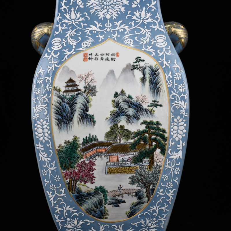Qing Dynasty Qianlong azure glaze consecrated pastel landscape pattern double-eared square vase
