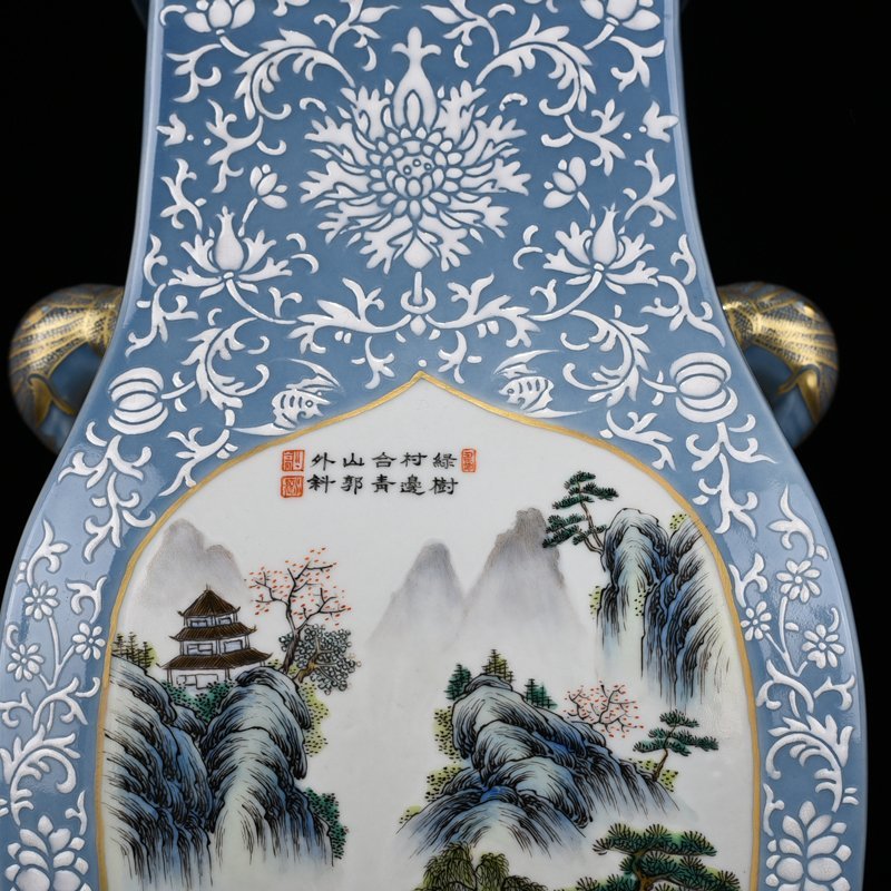 Qing Dynasty Qianlong azure glaze consecrated pastel landscape pattern double-eared square vase
