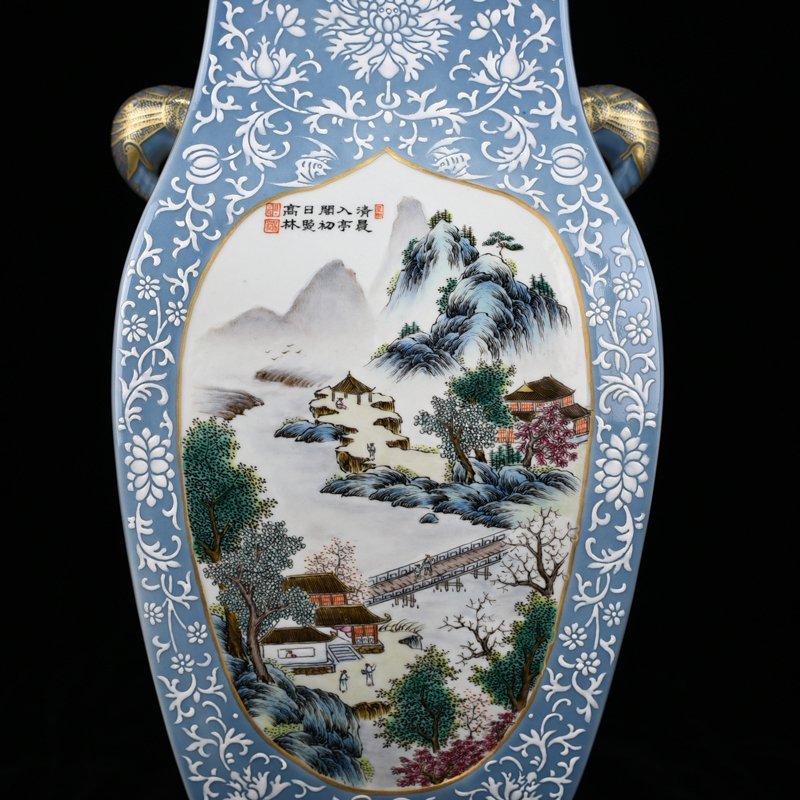 Qing Dynasty Qianlong azure glaze consecrated pastel landscape pattern double-eared square vase
