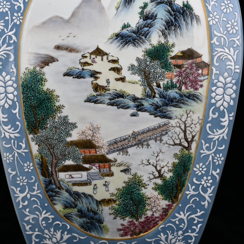 Qing Dynasty Qianlong azure glaze consecrated pastel landscape pattern double-eared square vase