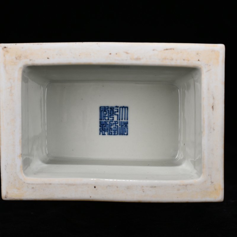 Qing Dynasty Qianlong azure glaze consecrated pastel landscape pattern double-eared square vase
