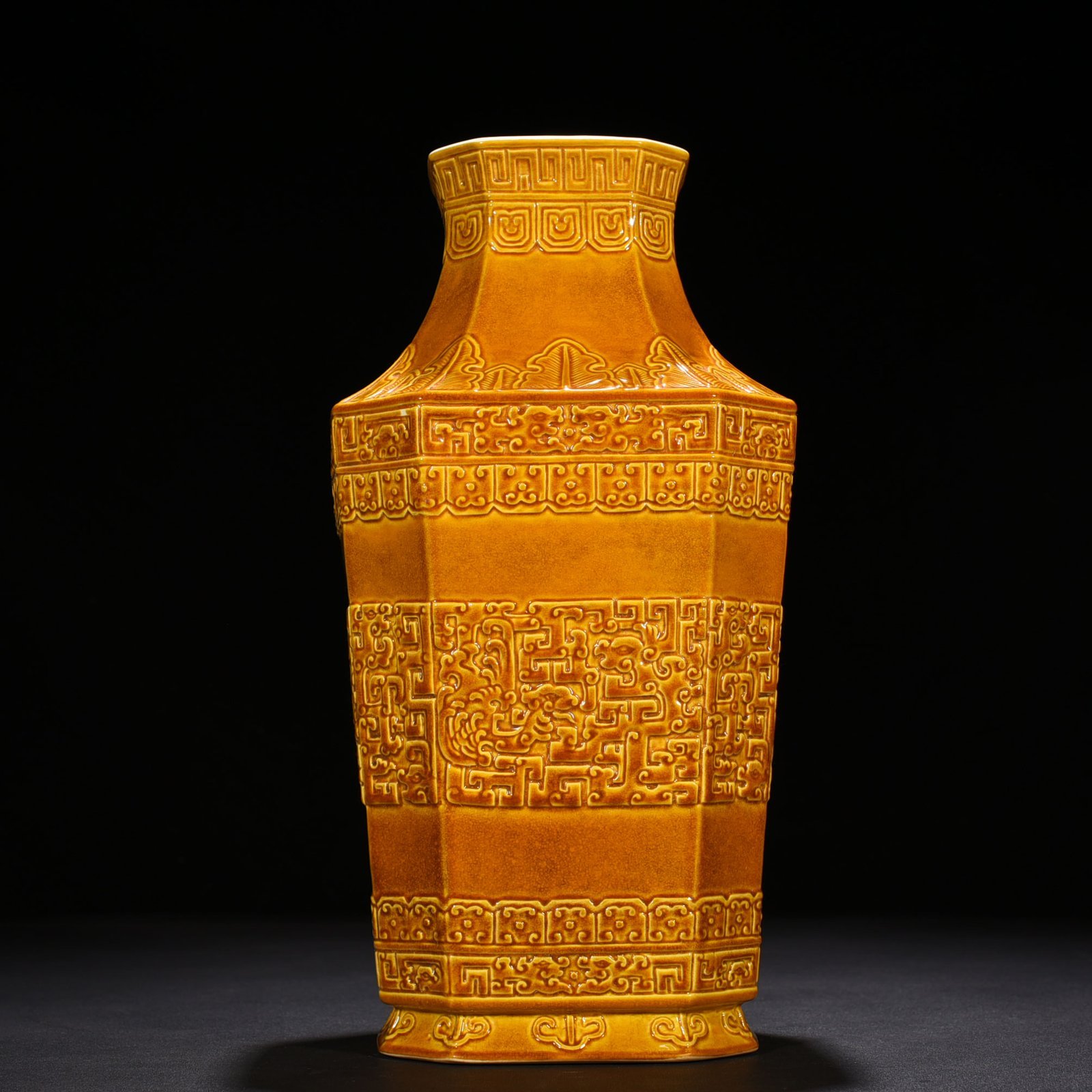 Qing Dynasty Qianlong delicate yellow glaze square vase with chilong pattern