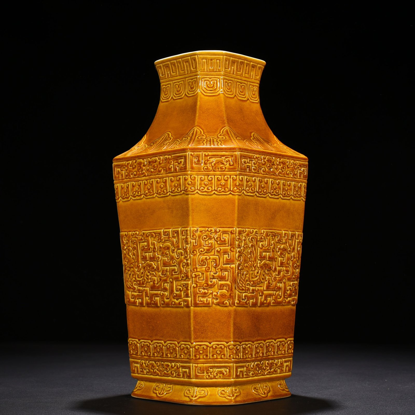 Qing Dynasty Qianlong delicate yellow glaze square vase with chilong pattern