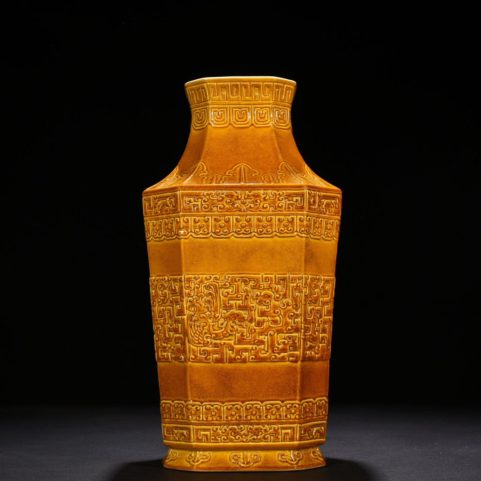 Qing Dynasty Qianlong delicate yellow glaze square vase with chilong pattern