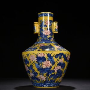 Qing Dynasty Qianlong delicate yellow glaze blue and white underglaze red lotus pattern through-ear vase