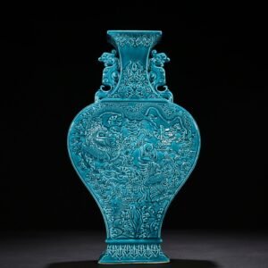 Qing Dynasty Qianlong peacock blue glaze flat vase with dragon and phoenix patterns