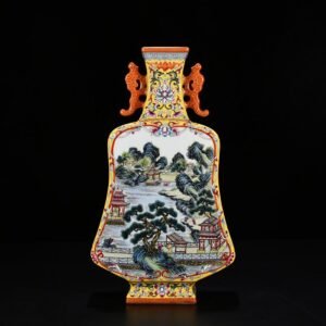 Qing Dynasty Qianlong consecrated pastel figure landscape double-eared flat vase Pipa vase