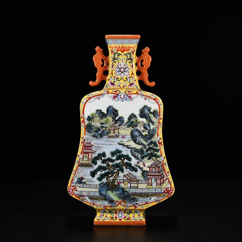 Qing Dynasty Qianlong consecrated pastel figure landscape double-eared flat vase Pipa vase