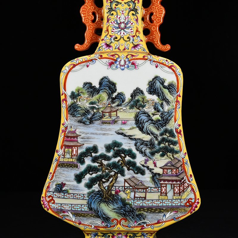 Qing Dynasty Qianlong consecrated pastel figure landscape double-eared flat vase Pipa vase