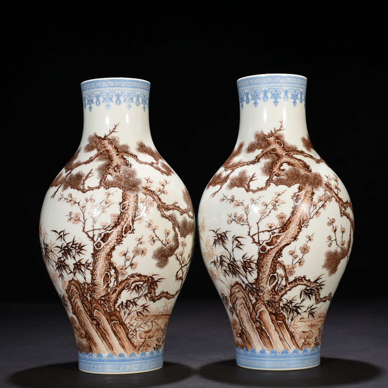 Qing Dynasty Qianlong Imperial Enamel Brown Colored Olive Vase with Pine Bamboo and Plum Patterns
