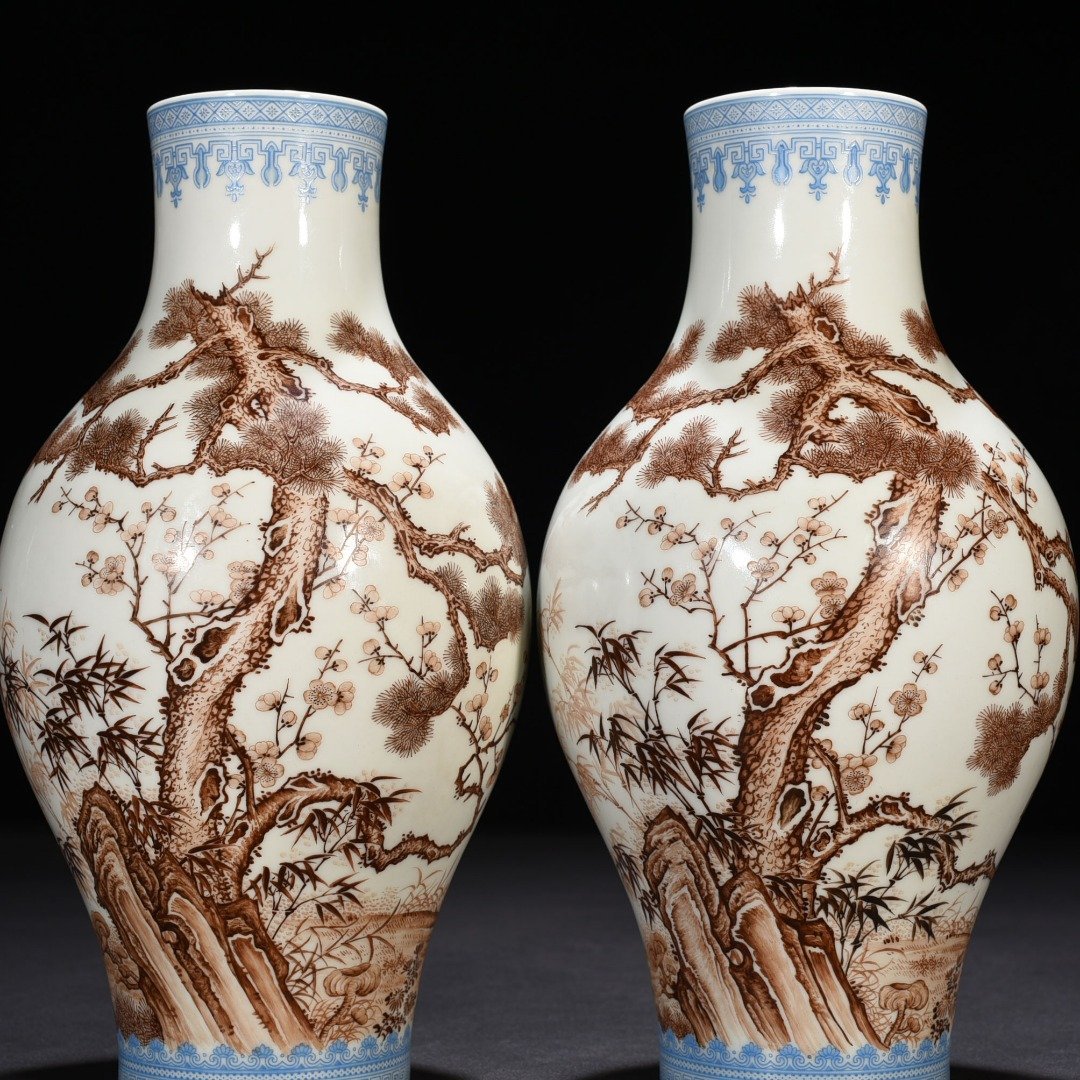 Qing Dynasty Qianlong Imperial Enamel Brown Colored Olive Vase with Pine Bamboo and Plum Patterns