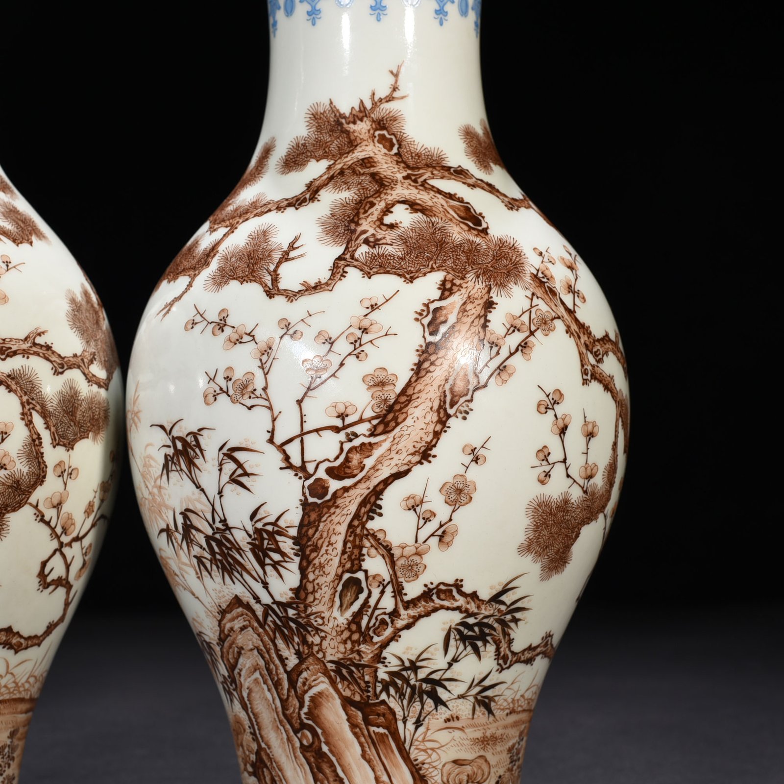 Qing Dynasty Qianlong Imperial Enamel Brown Colored Olive Vase with Pine Bamboo and Plum Patterns