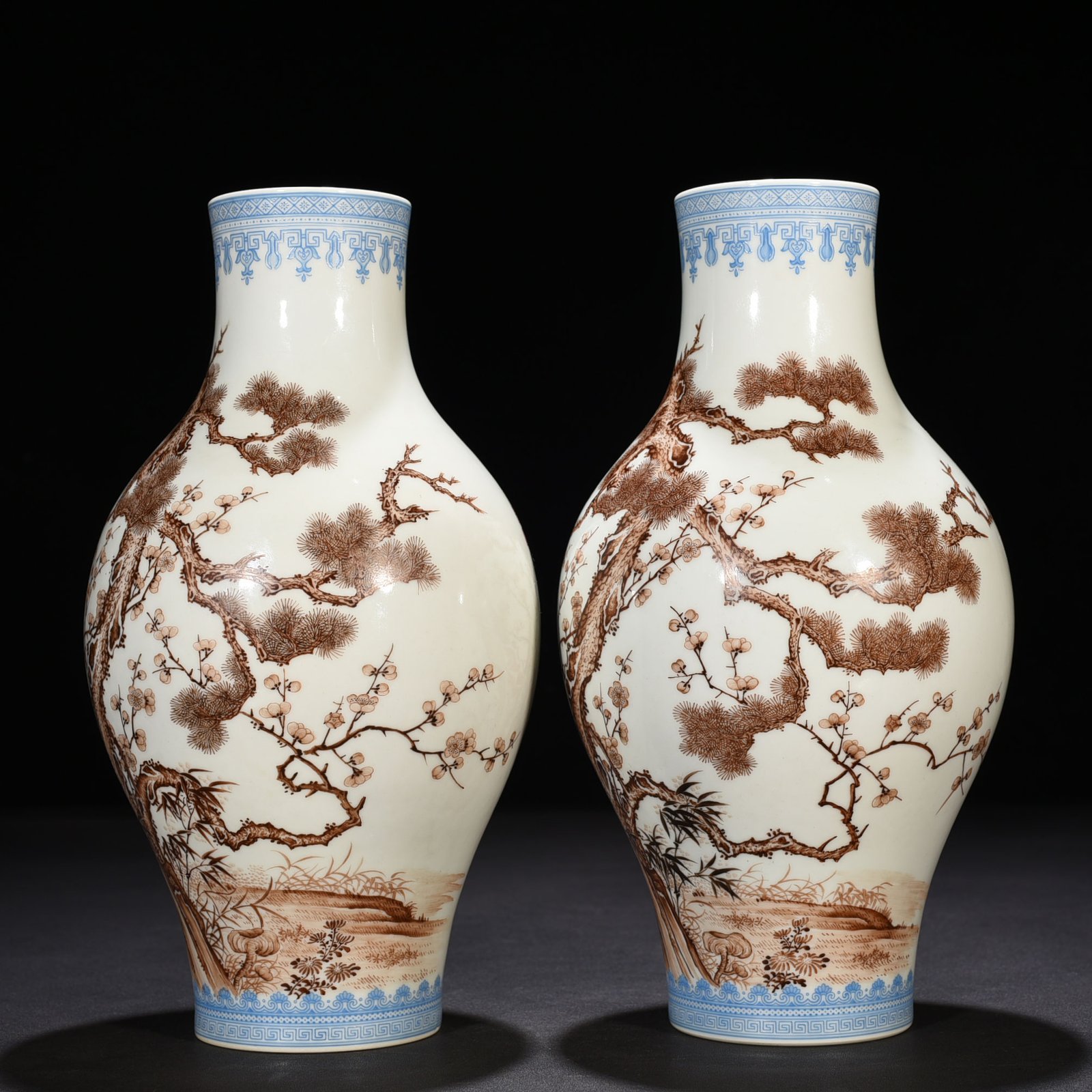 Qing Dynasty Qianlong Imperial Enamel Brown Colored Olive Vase with Pine Bamboo and Plum Patterns
