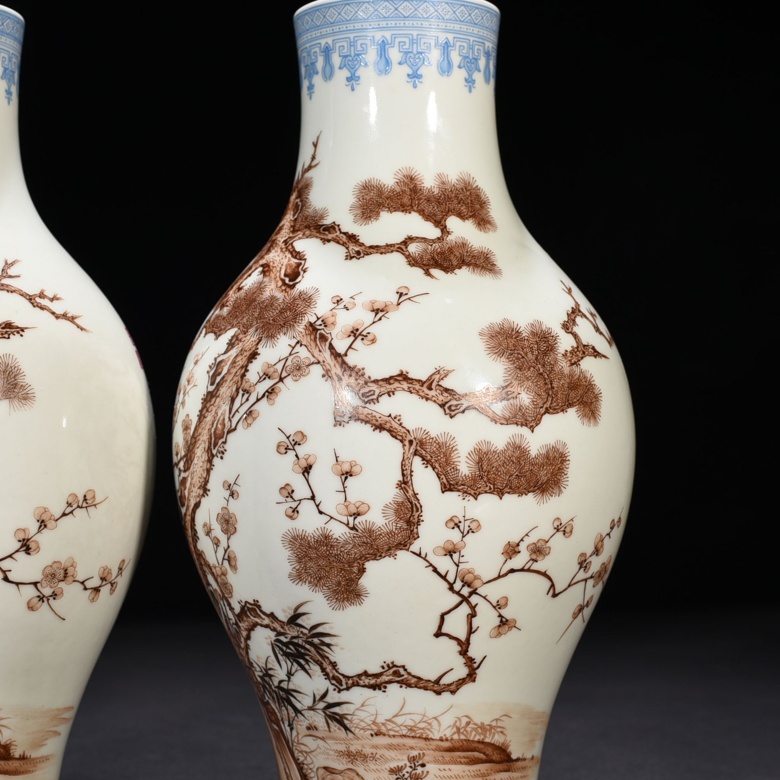 Qing Dynasty Qianlong Imperial Enamel Brown Colored Olive Vase with Pine Bamboo and Plum Patterns