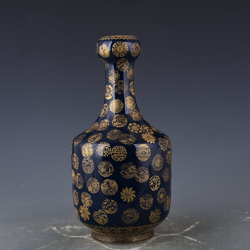 Qing Dynasty Emperor Qianlong imperial blue-glazed garlic vase with gold leather ball pattern