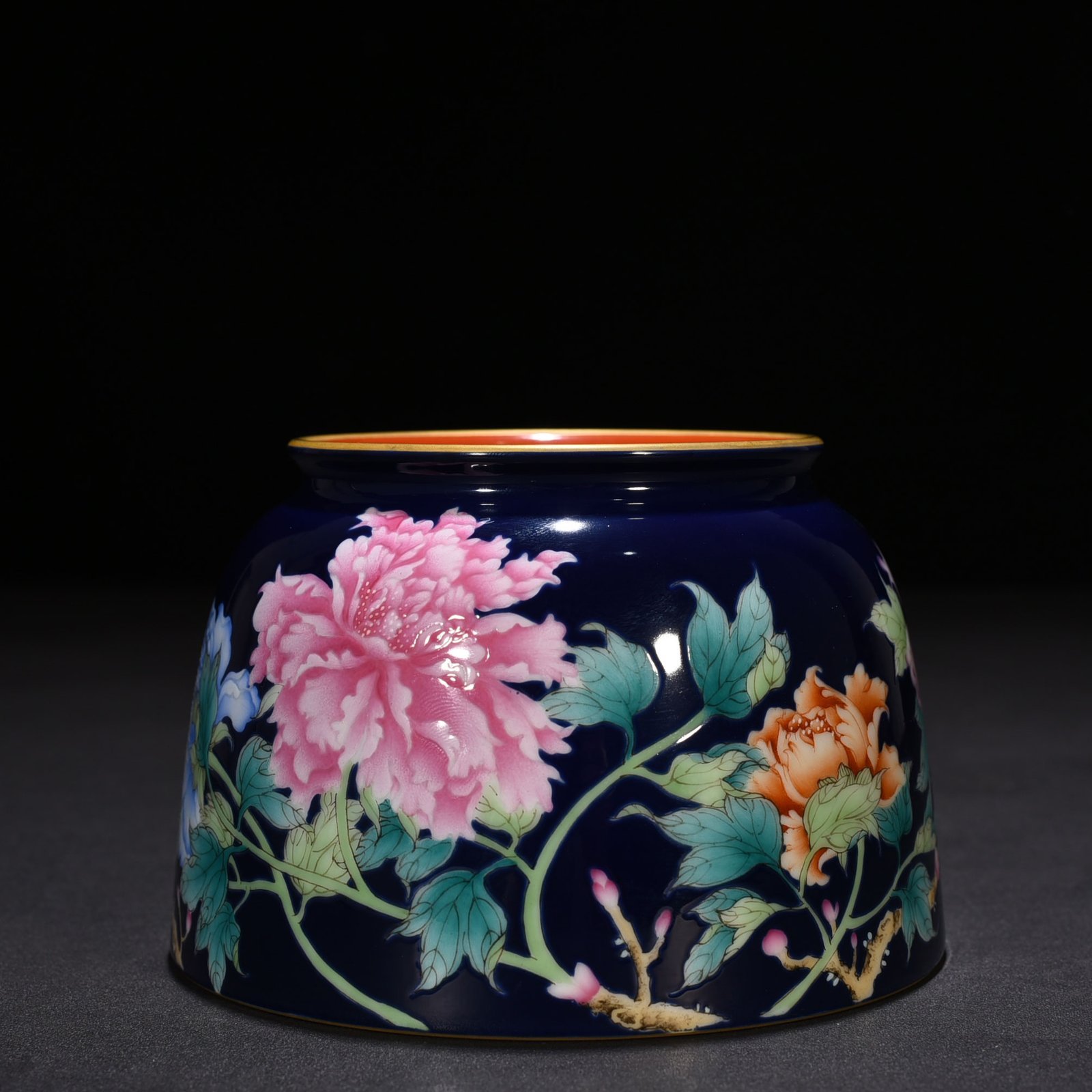 Qing Dynasty Qianlong imperial inscription blue ground enamel floral and peony pattern horseshoe statue