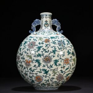 Qing Dynasty Qianlong doucai double-eared flat vase with entwined branches and floral patterns