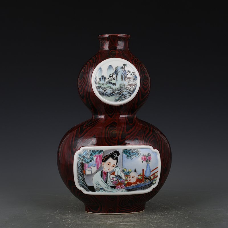 Qing Dynasty Qianlong wood grain glaze consecrated enamel beauty strap gourd vase