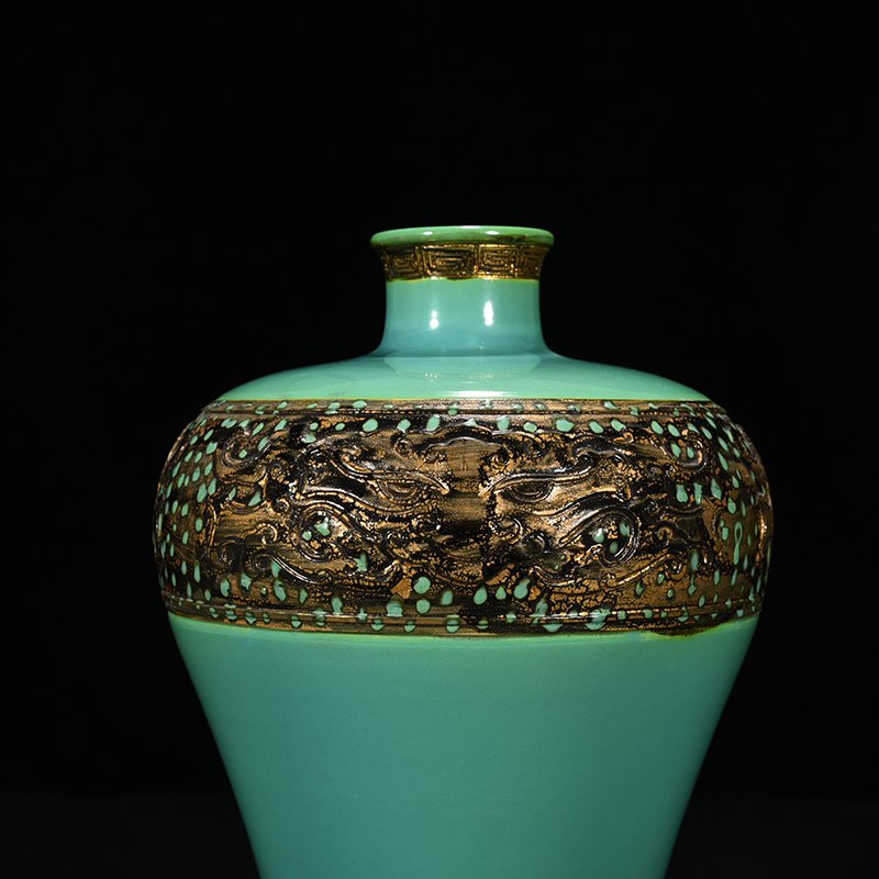 Qing Dynasty Qianlong turquoise green bronze glaze carved animal mask plum vase