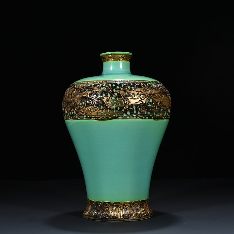 Qing Dynasty Qianlong turquoise green bronze glaze carved animal mask plum vase