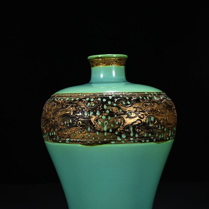 Qing Dynasty Qianlong turquoise green bronze glaze carved animal mask plum vase