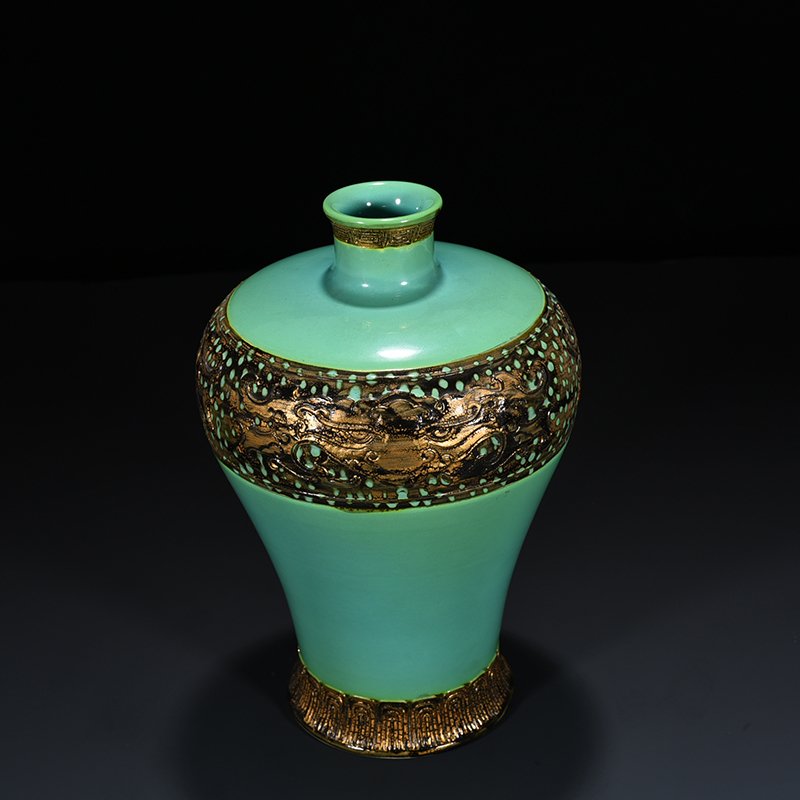 Qing Dynasty Qianlong turquoise green bronze glaze carved animal mask plum vase