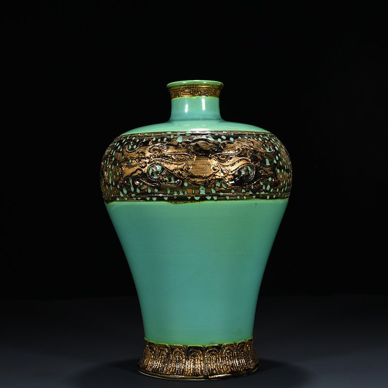 Qing Dynasty Qianlong turquoise green bronze glaze carved animal mask plum vase