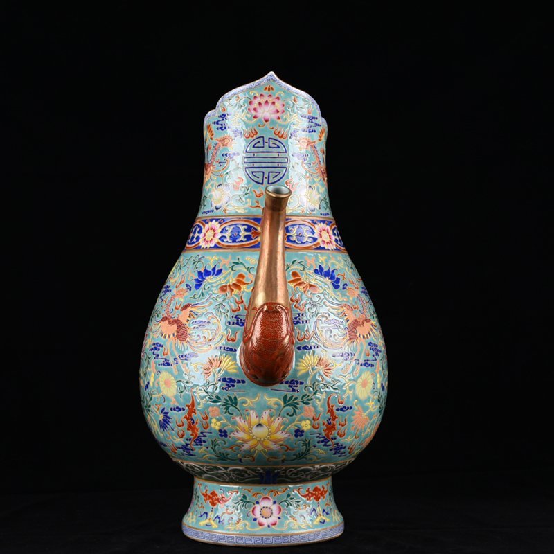 Qing Dynasty Qianlong turquoise green land embroidered with flowers and phoenix pattern monk’s hat pot