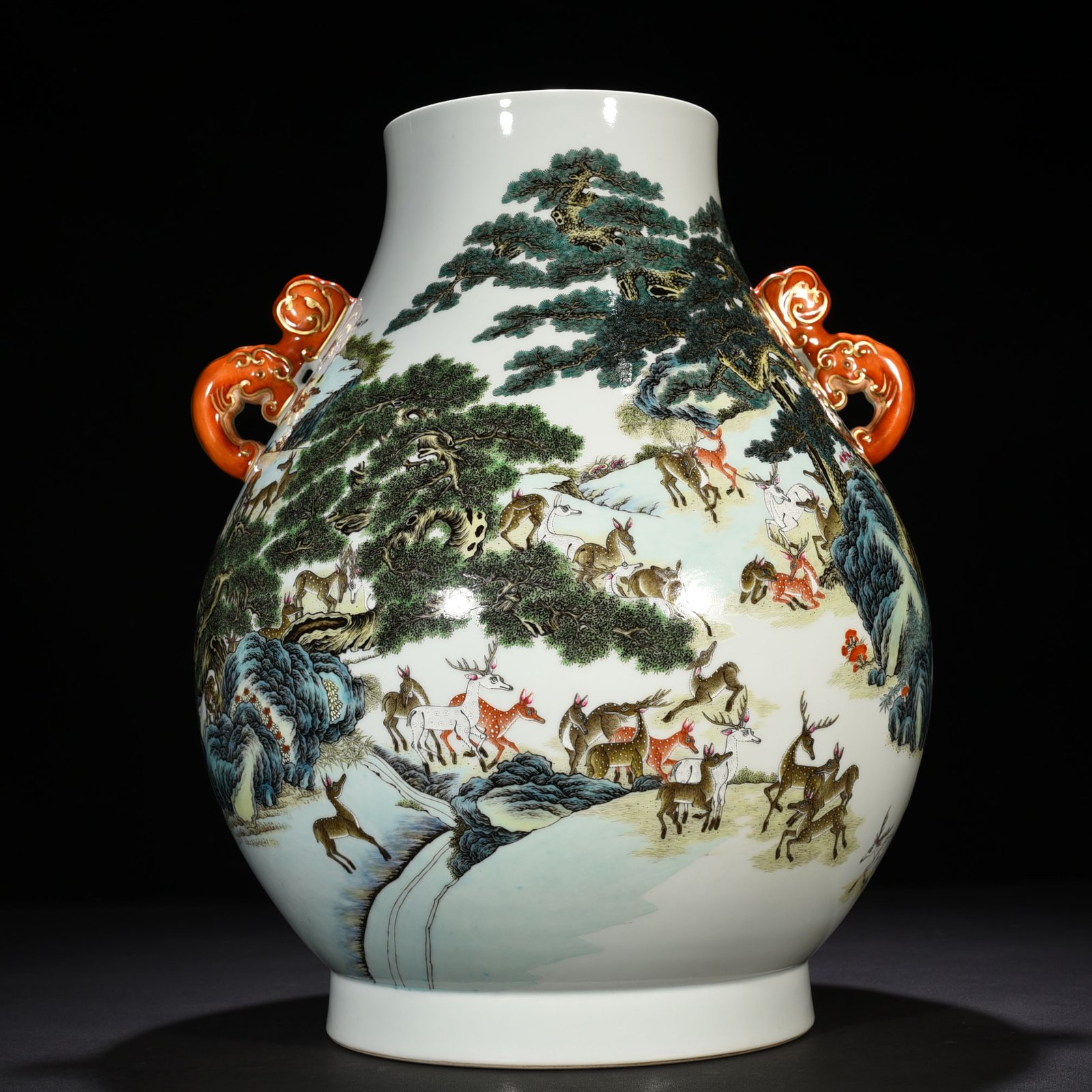 Qing Dyansty Qianlong Yangcai Double Chi Dragon Ear Hundred Deer Zun