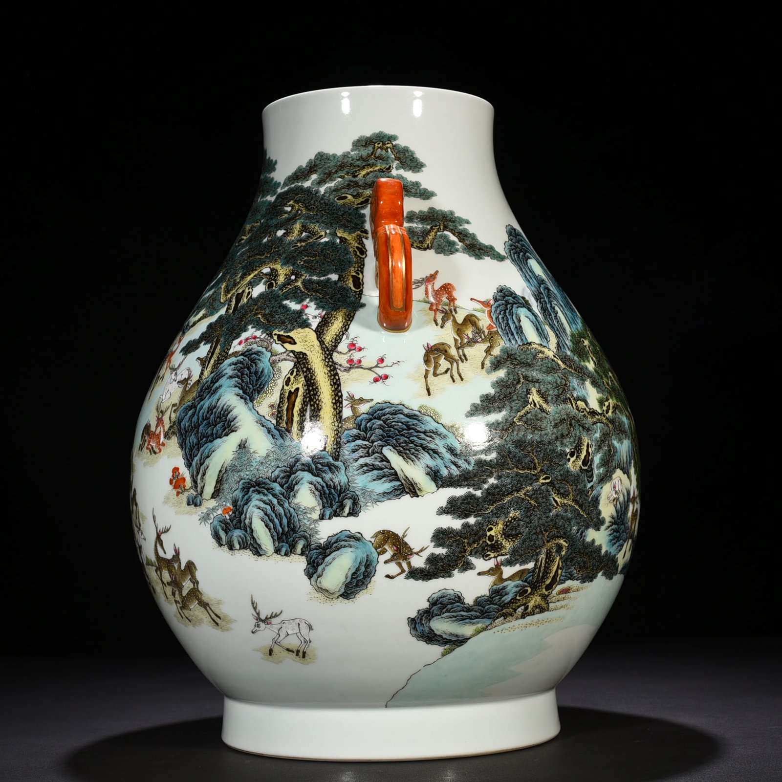 Qing Dyansty Qianlong Yangcai Double Chi Dragon Ear Hundred Deer Zun