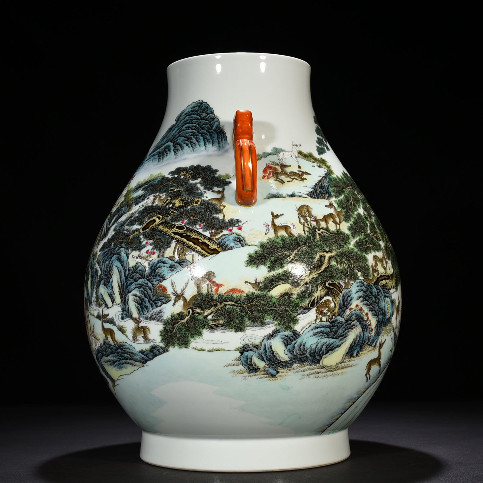 Qing Dyansty Qianlong Yangcai Double Chi Dragon Ear Hundred Deer Zun