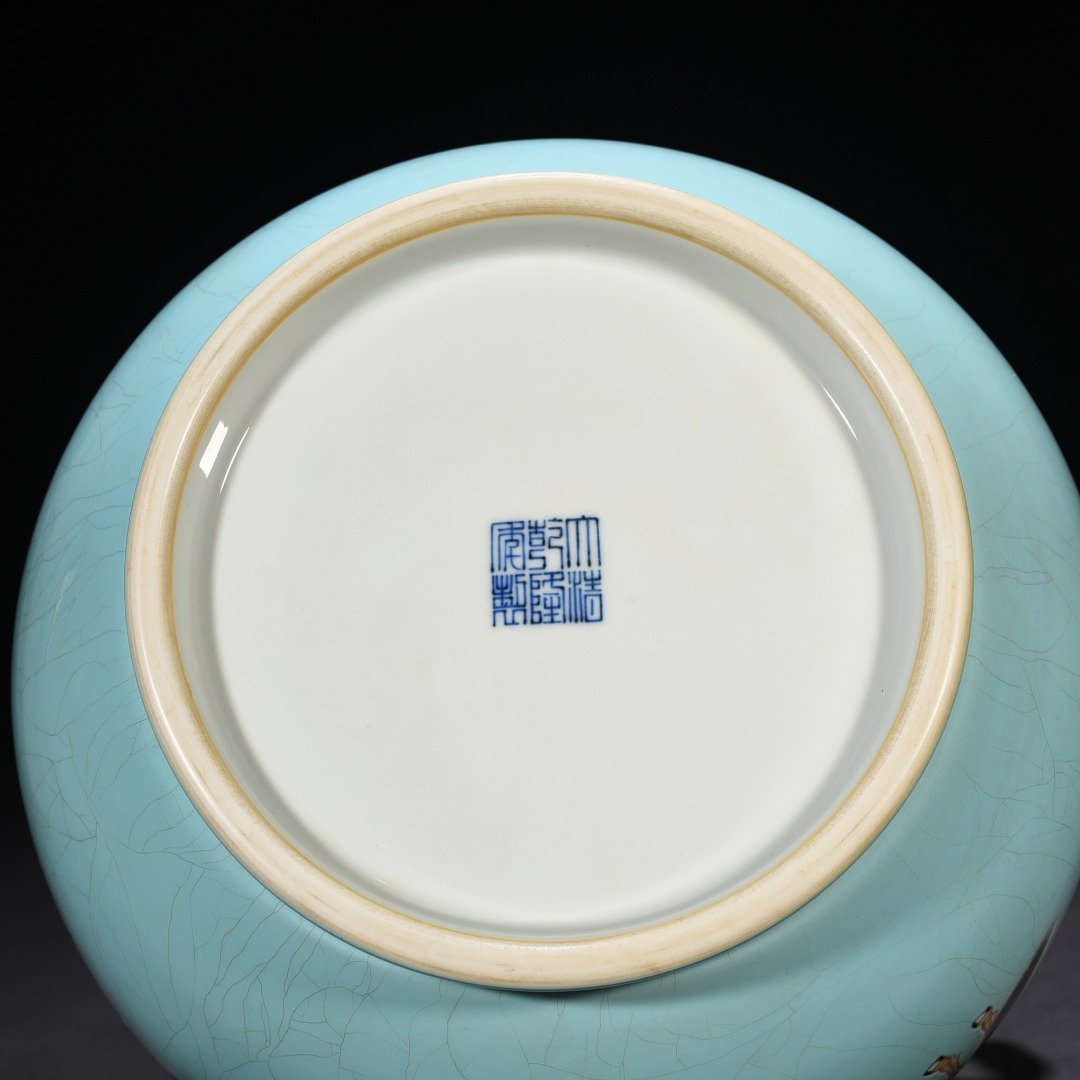 Qing Dynasty Qianlong Coral Green Enamel Double-Eared Zun with Eight Horses
