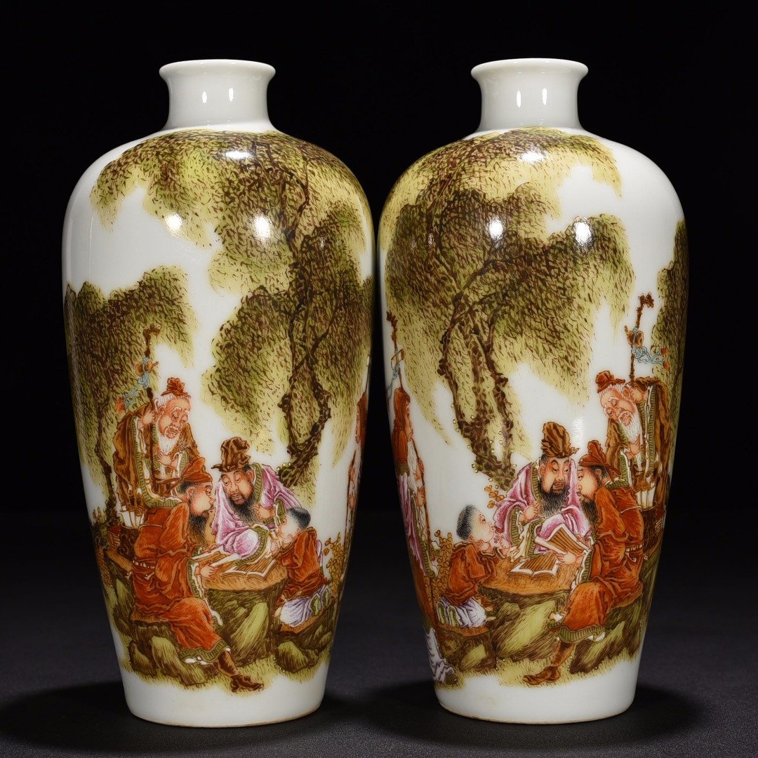 Qing Dynasty Qianlong enamel plum vase with five old figures
