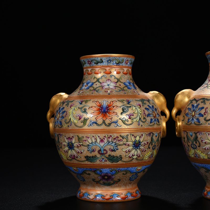 Qing Dynasty Qianlong enamel elephant ear vase with lotus pattern