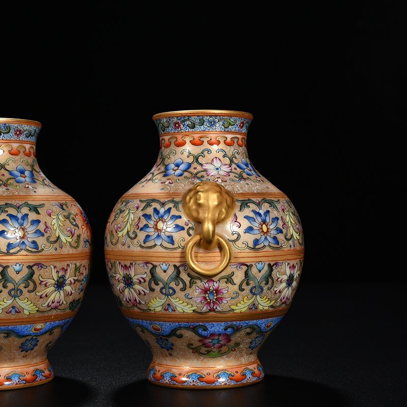Qing Dynasty Qianlong enamel elephant ear vase with lotus pattern