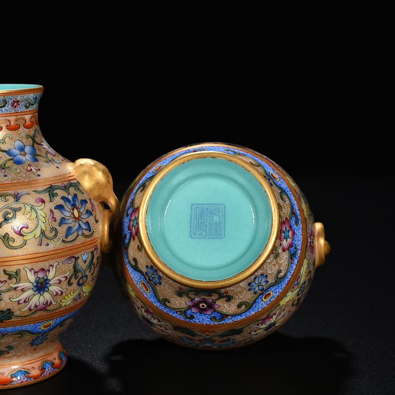 Qing Dynasty Qianlong enamel elephant ear vase with lotus pattern