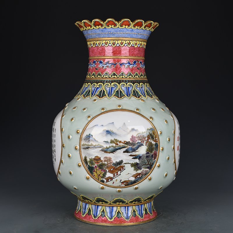 Qing Dynasty Qianlong enamel consecrated landscape verse vase