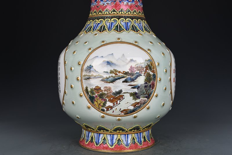 Qing Dynasty Qianlong enamel consecrated landscape verse vase