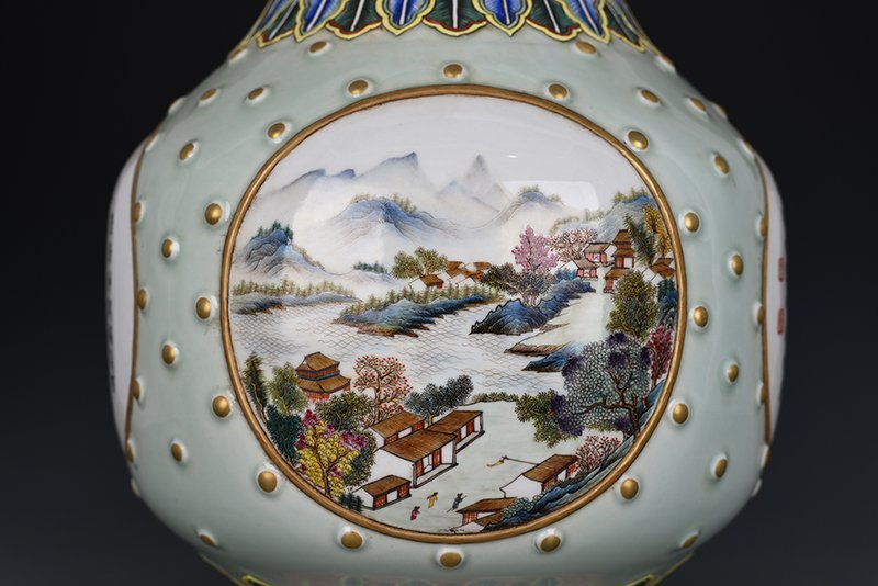 Qing Dynasty Qianlong enamel consecrated landscape verse vase