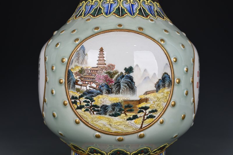 Qing Dynasty Qianlong enamel consecrated landscape verse vase