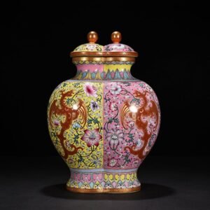 Qing Dynasty Qianlong enamel painted gold double vases with branches and phoenix patterns