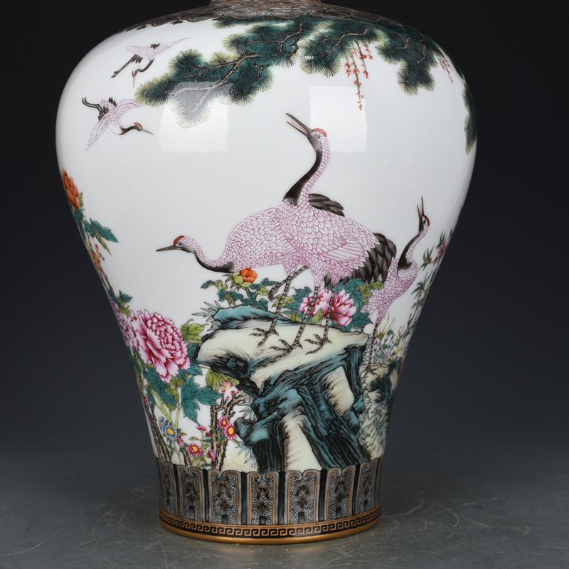 Qing Dyasnty Qianlong enamel pine and crane longevity plum vase