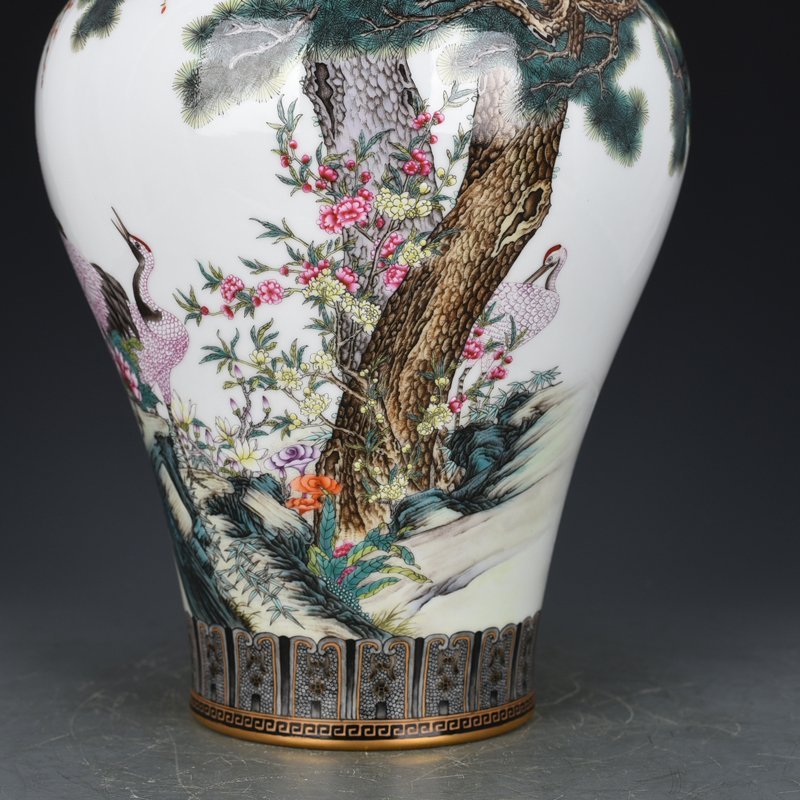 Qing Dyasnty Qianlong enamel pine and crane longevity plum vase