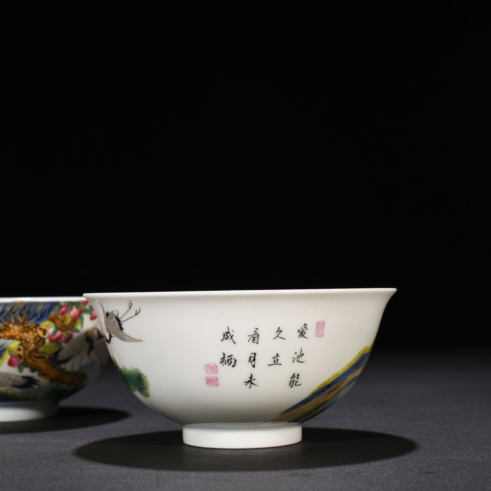 Qing Dynasty Qianlong enamel bowl with pine and crane patterns