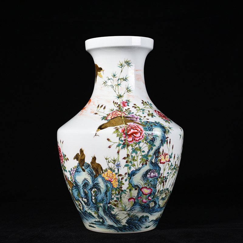 Qing Dynasty Qianlong enamel dish vase with peony flower and bird pattern
