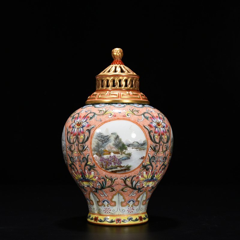 Qing Dynasty Qianlong enamel lotus pattern consecrated four seasons landscape pattern hollow lid jar