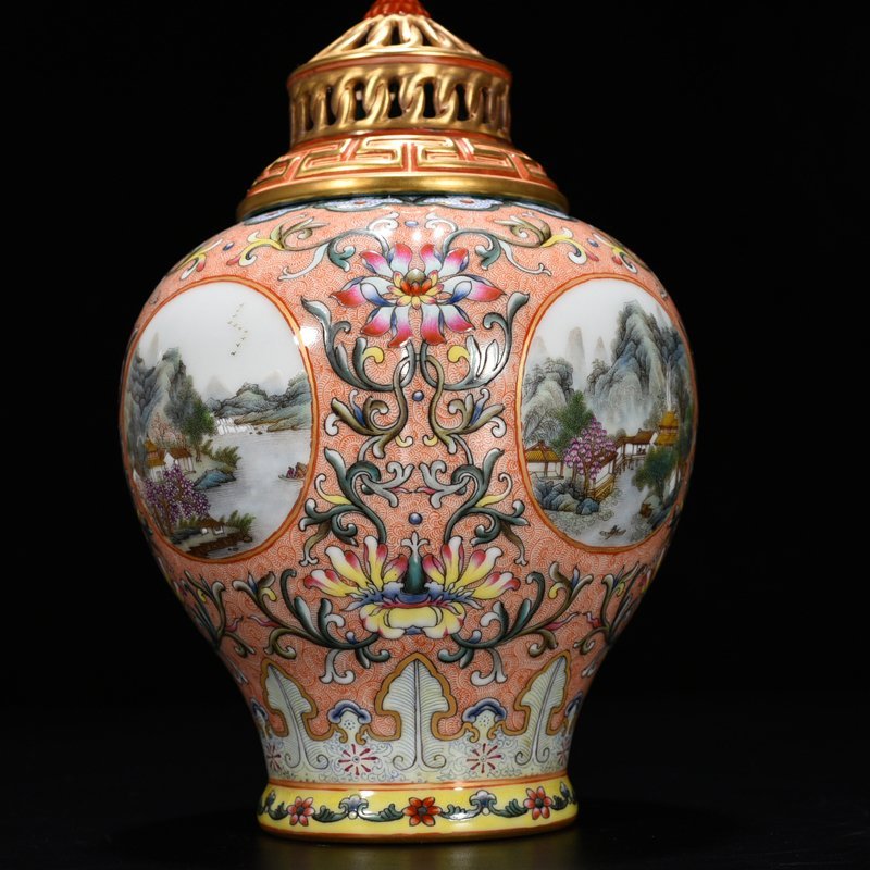 Qing Dynasty Qianlong enamel lotus pattern consecrated four seasons landscape pattern hollow lid jar